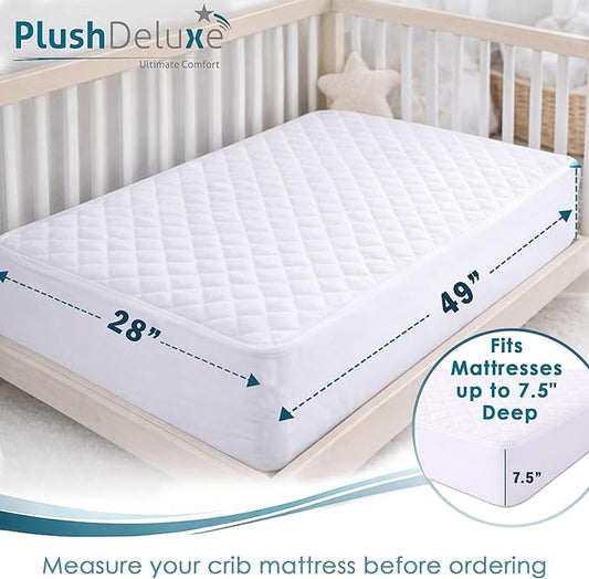 PlushDeluxe Crib Mattress Protector, 28”x49”, 100% Waterproof, Noiseless, Ultra Soft Viscose Made from Bamboo with Quilted Terry Cotton Top, White Fitted Sheet Style Toddler Crib Cover