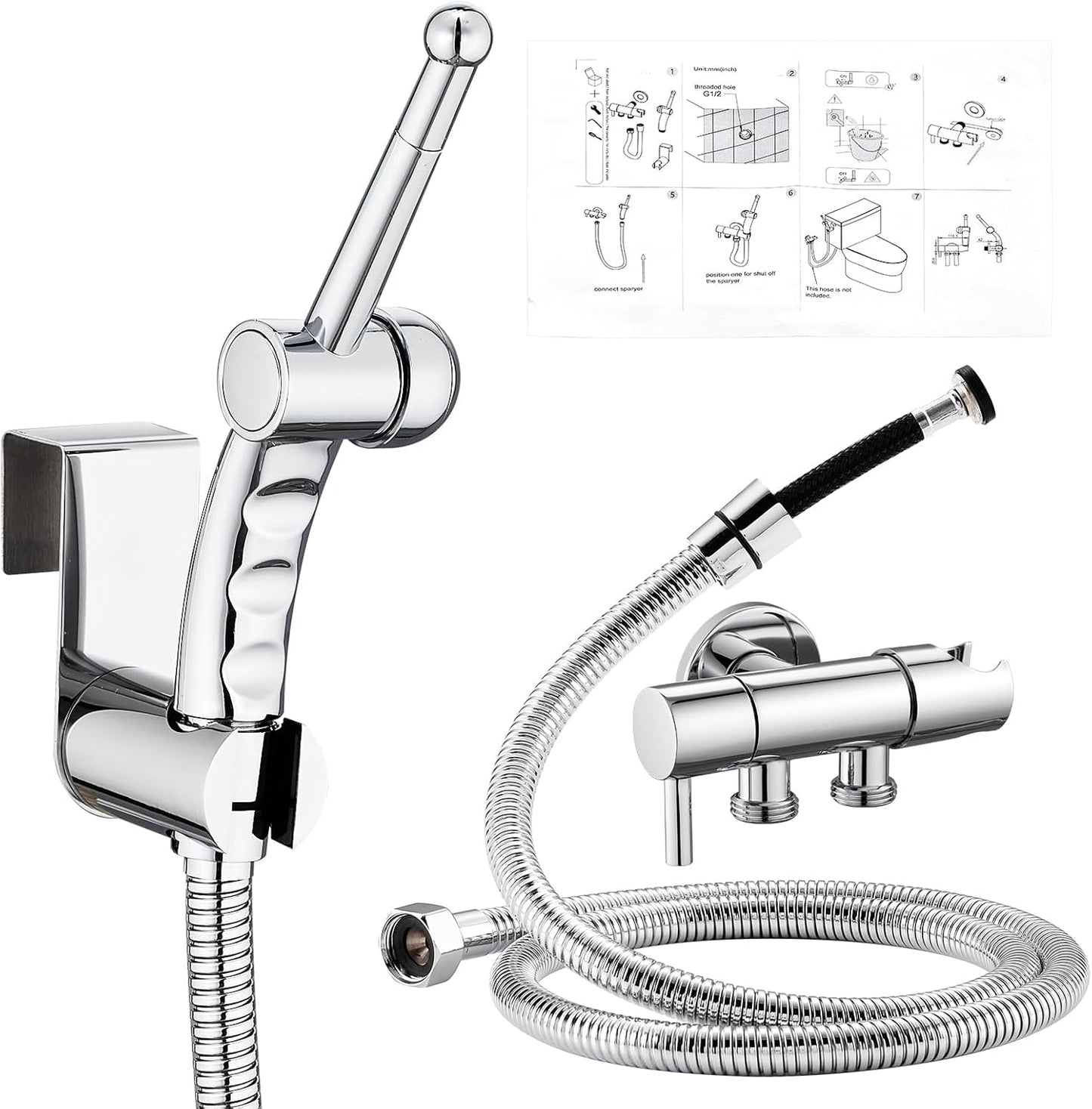 CREA Handheld Bidet Sprayer for Toilet - Adjustable Jet Toilet Bidet Attachment with Hose for Feminine Wash & Cloth Diaper Sprayer Set - Stainless Steel Black