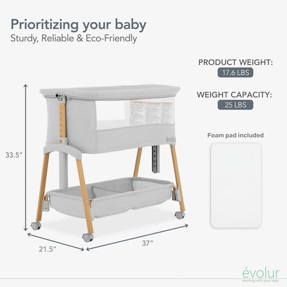 Evolur Lullaby Portable Bassinet with Wheels, Adjustable Bedside Sleeper, Breathable Mesh Sides, Large Storage Basket, Easy Fold, and Travel Bag Included, Perfect for Newborns & Infants - Biege