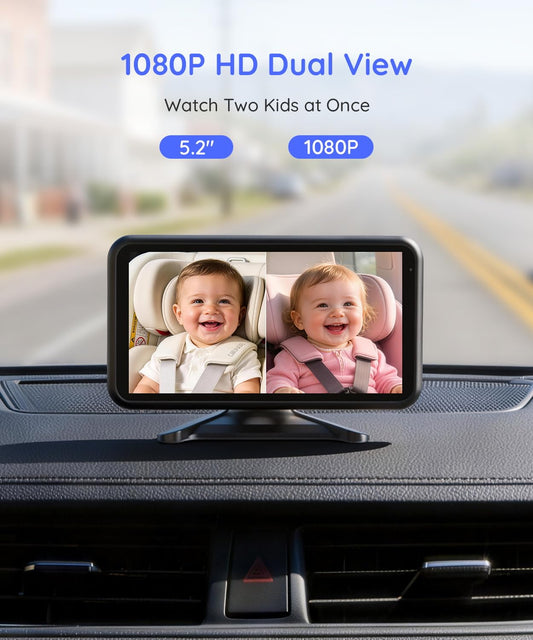 LUCKVIEW BM2 PRO Dual Baby Car Camera, 5.2" 1080P HD Display for Rear-Facing Car Seats, IR Night Vision, Anti-Shake Mount, Easy Install – Ideal for Parents with 2 Kids and Pets (Blue)