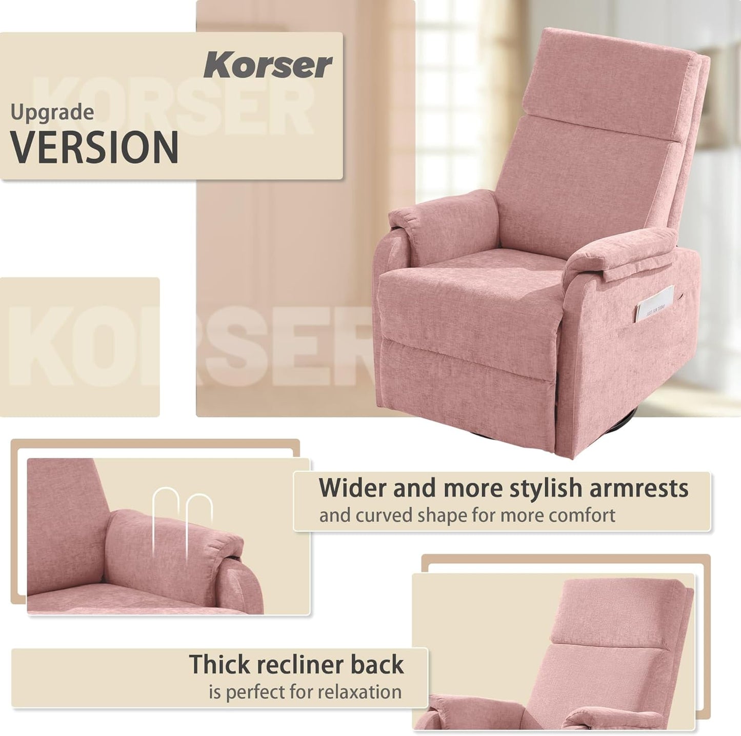 Korser Recliner Chair, Swivel Rocking Recliner Chair for Adults, Glider Rocking Chair, Small Nursery Chair Recliner for Living Room, Reclining Chair with Modern-Designed Armrests, Chenille, Beige