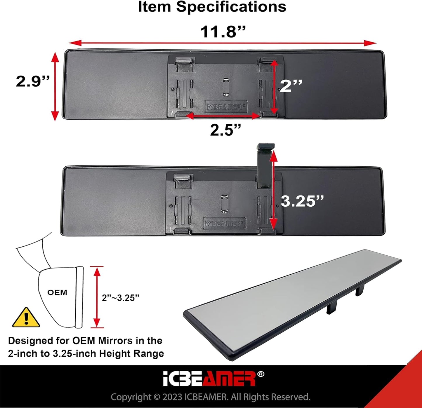 11.8" ICBEAMER Clip On Rear View Mirror | Convex Blue Tint Glass, Panoramic Wide Angle HD Glass, Anti Glare, Universal Fit for Car, SUV, Truck | Eliminates Blind Spots (1 Pack)