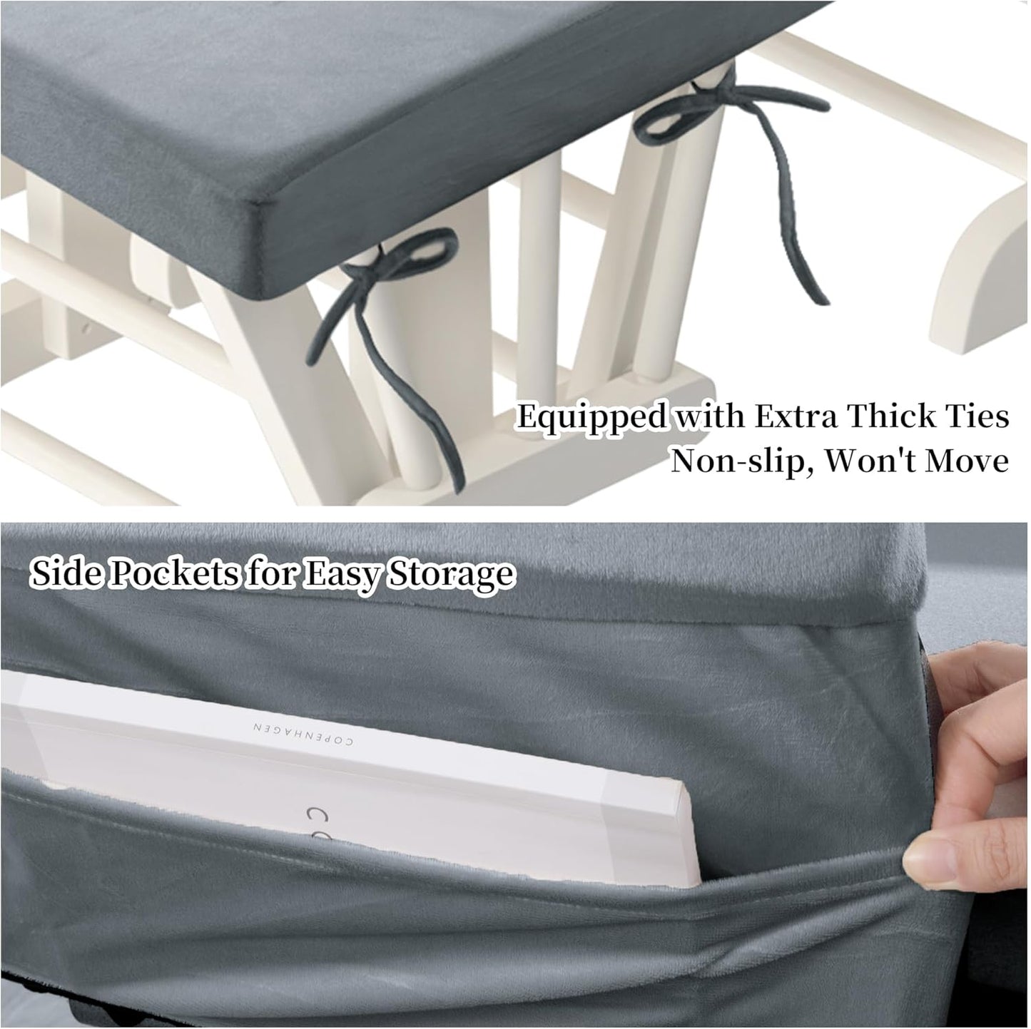 HOMBYS Glider Rocker Replacement Cushions 5 PCS with Storage Side Pocket, Velvet Fabric, Foam & Microfiber Filling, Non-Slip & Washable,Thickened & Supportive for Glider Rocking Chair