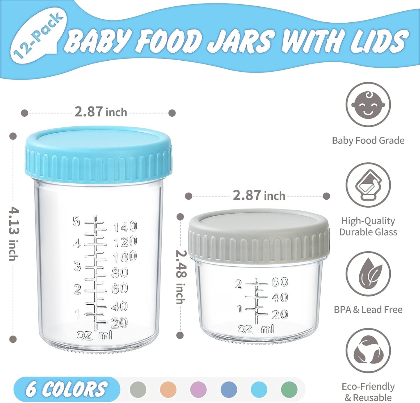 DRKIO 12 Pack Glass Baby Food Storage Containers - 4 Oz Baby Food Jars with Lids Baby Food Maker Microwave Dishwasher Freezer Safe 100% Leak Proof BPA Free Reusable