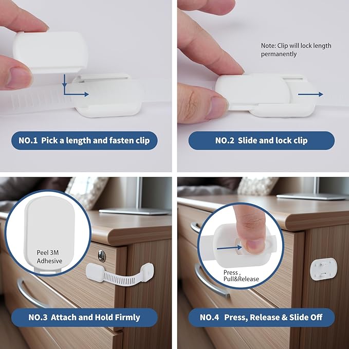 8-Pack Baby Proofing Cabinet Locks, Adjustable Adhesive Strap Latches for Drawer, Cupboard, Oven, Fridge, Toilet Seat - No Drill Child Safety Lock Kit, Easy Installation