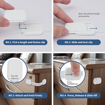 8-Pack Baby Proofing Cabinet Locks, Adjustable Adhesive Strap Latches for Drawer, Cupboard, Oven, Fridge, Toilet Seat - No Drill Child Safety Lock Kit, Easy Installation