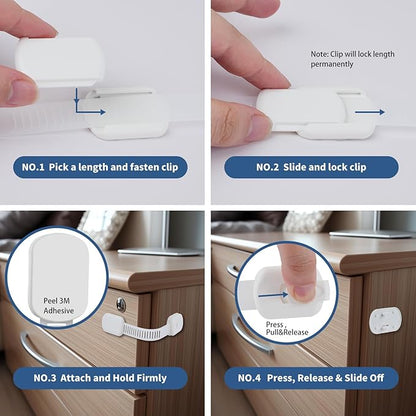 Child Proof Cabinet Locks - Cabinet Locks Baby Proofing with 3M Adhesives for Refrigerator, Oven, Cupboards, Toilet Seat - Adjustable,Easy Installation,No Drilling (4 Pack)