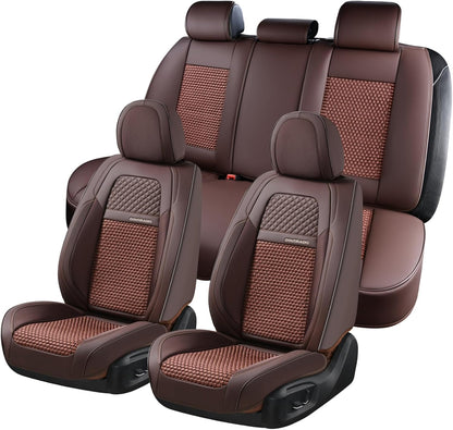 Coverado Leather Seat Covers for Car, Waterproof Car Seat Covers Full Set, 2 in 1 Conversions Car Seat Cover Protector Car Accessories Universal Fit for Most Cars SUVs and Trucks Beige