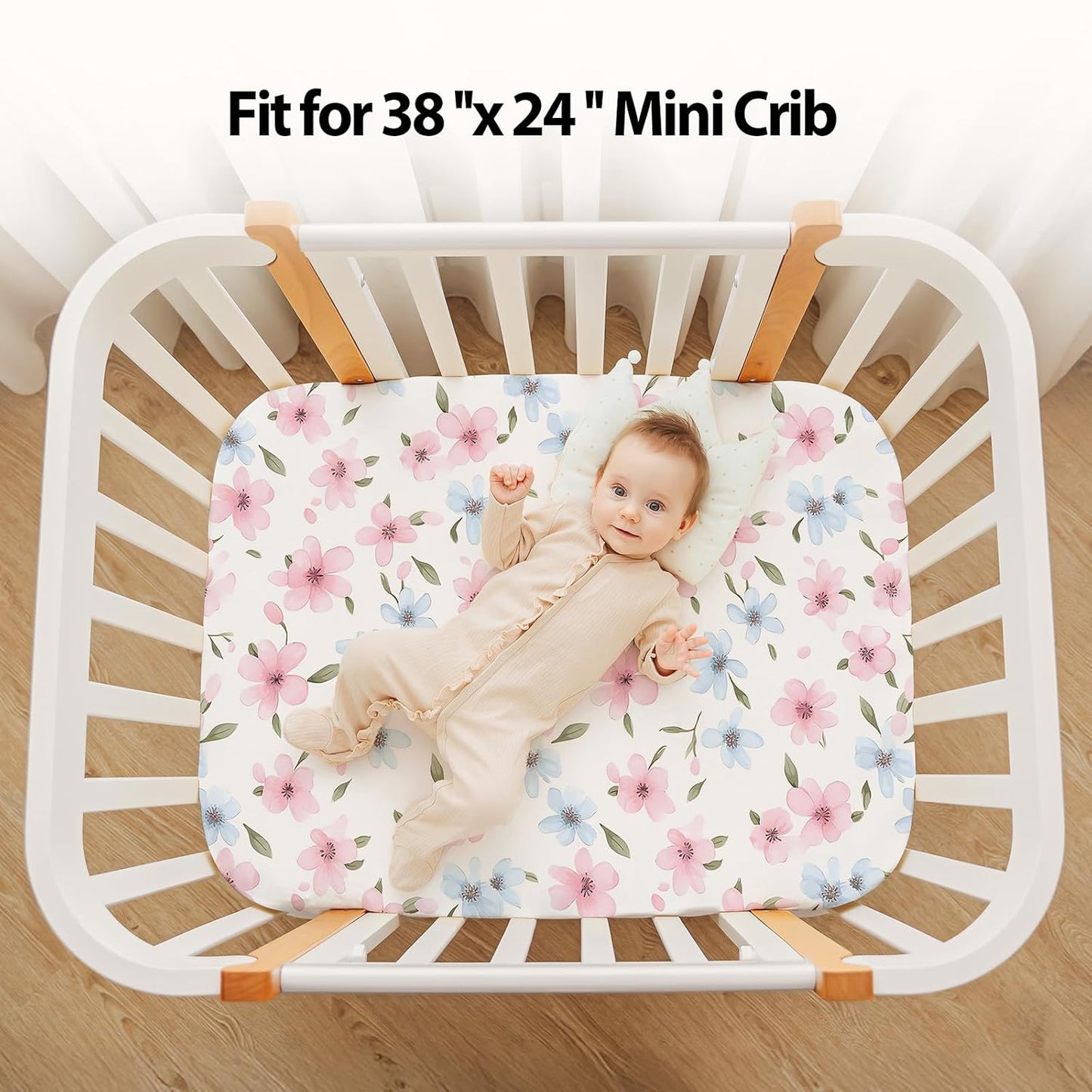 Baby Mini Crib Sheets Girl, Portable 38”x26” Pack and Play Sheets Fitted for Playard and Pack N Play Mattress, 3-Pack Soft Microfiber Pink Rainbow