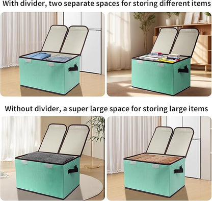 Foldable Fabric Storage Box, 16.5 x 11.8 x 9.8 inches (L x W x H), with Double-Lid & Dividers, Large Organizer for Home, Closet, Office(Green, 1 Pack)