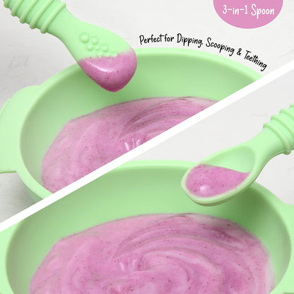 PrimaStella Unbreakable Silicone Non-Slip Bowl and Chew Spoon Set for Babies and Toddlers (Rainbow Swirl)