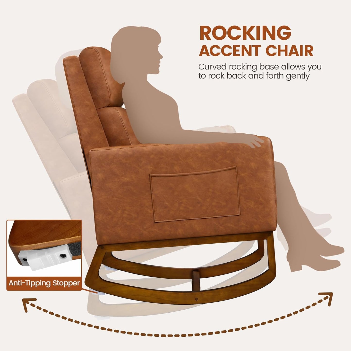 Yaheetech Upholstered Rocking Chair, Boucle Glider Chair Nursery Chair with High Back and Side Pocket, Rocking Accent Armchair with Rubber Wood Legs for Living Room/Bedroom/Nursery, Ivory