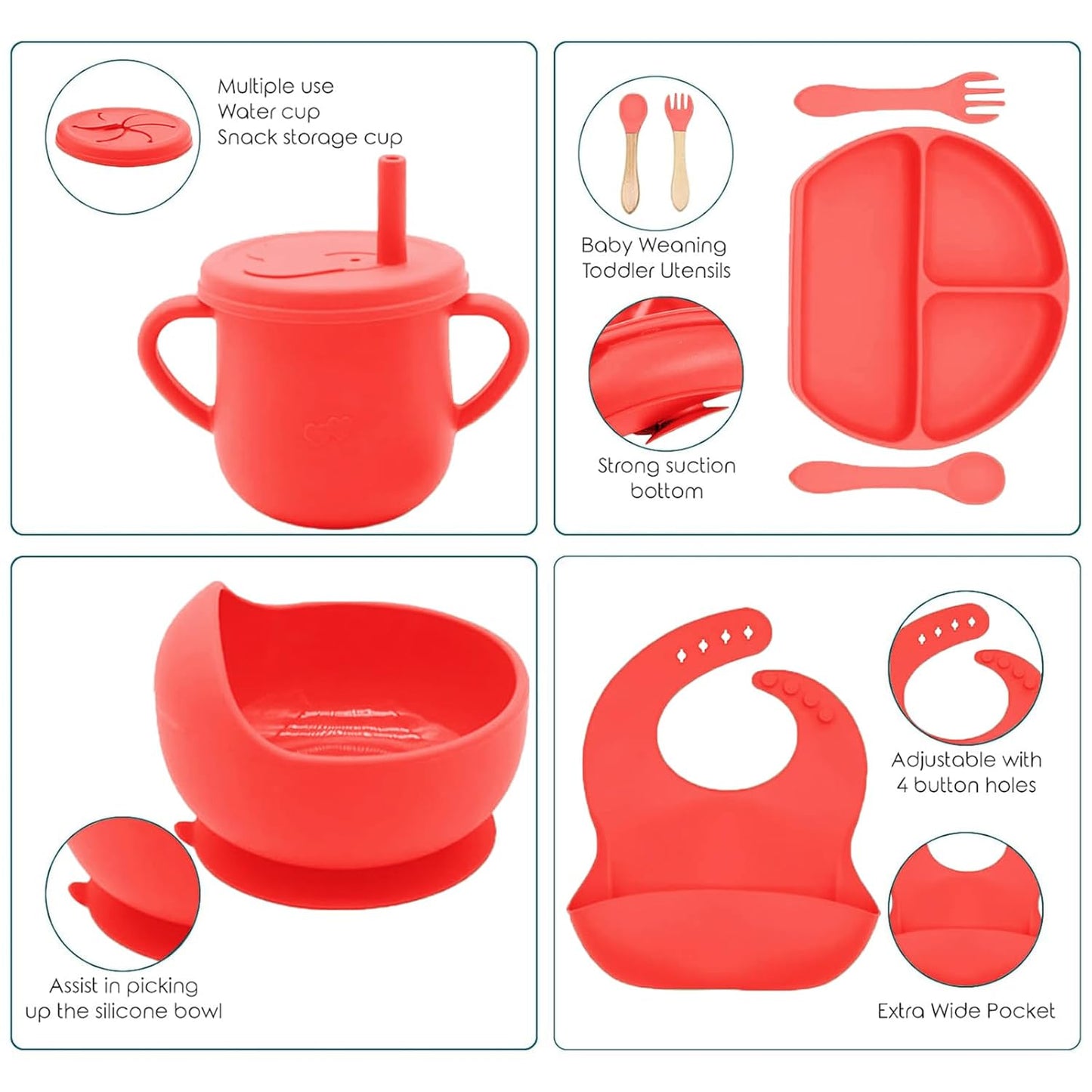 100% Silicone Baby Feeding Set, BPA Free Baby Dishes with Suction Bowl, Divided Plate, Toddler Self Feeding Dish Set with Spoons, Forks, Sippy Cup and Bib, Baby Eating Utensils (Navy Blue)