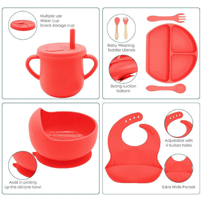 100% Silicone Baby Feeding Set, BPA Free Baby Dishes with Suction Bowl, Divided Plate, Toddler Self Feeding Dish Set with Spoons, Forks, Sippy Cup and Bib, Baby Eating Utensils (Navy Blue)