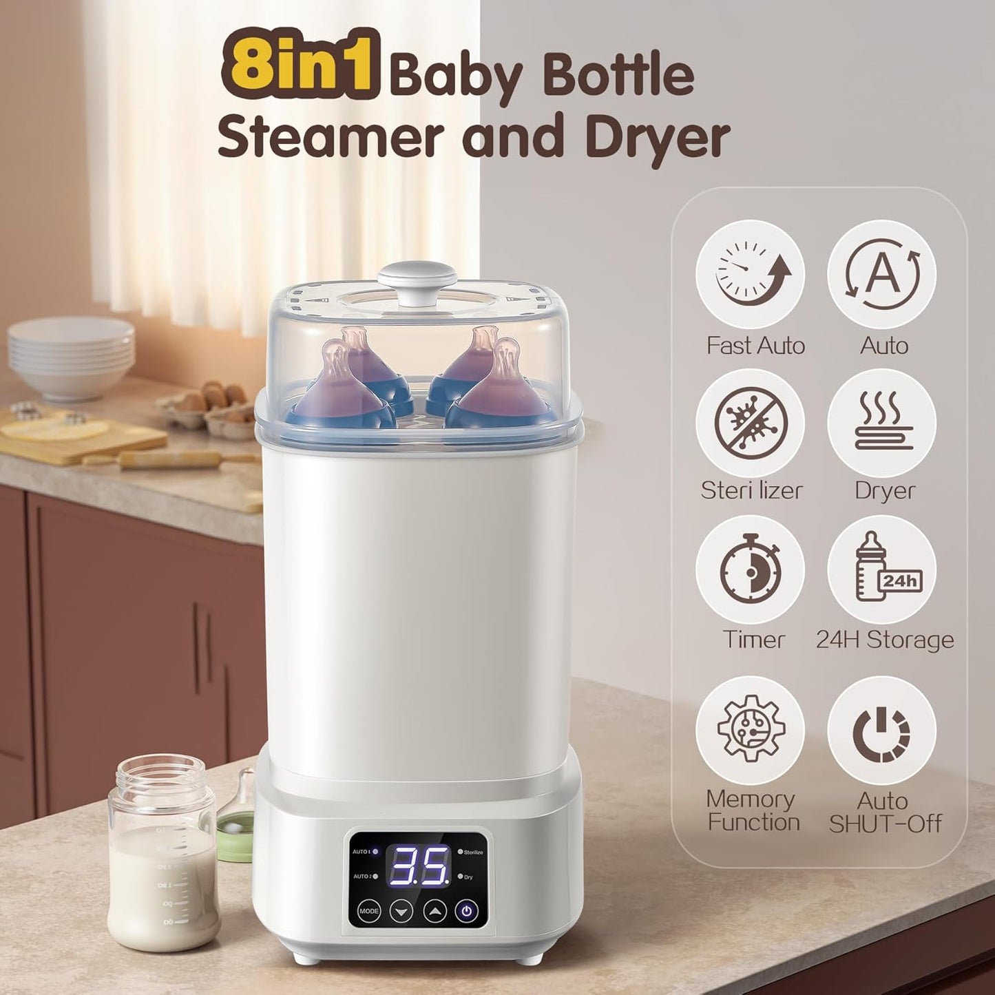 AMZBABYCHEF 4-in-1 Baby Bottle Steamer and Dryer, Electric Steamer with Fast Drying, Universal Fit for All Bottles, LED Touch Screen & Auto Shut-Off Protection (Grey)