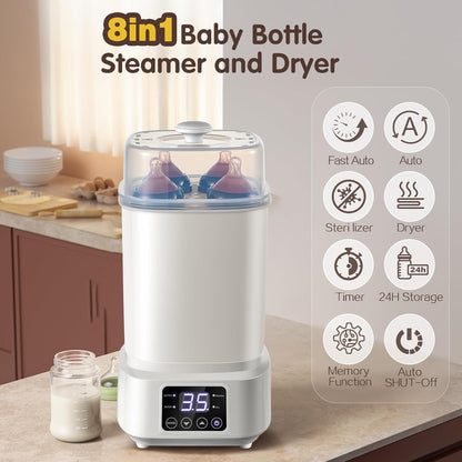 AMZBABYCHEF 4-in-1 Baby Bottle Steamer and Dryer, Electric Steamer with Fast Drying, Universal Fit for All Bottles, LED Touch Screen & Auto Shut-Off Protection (Grey)