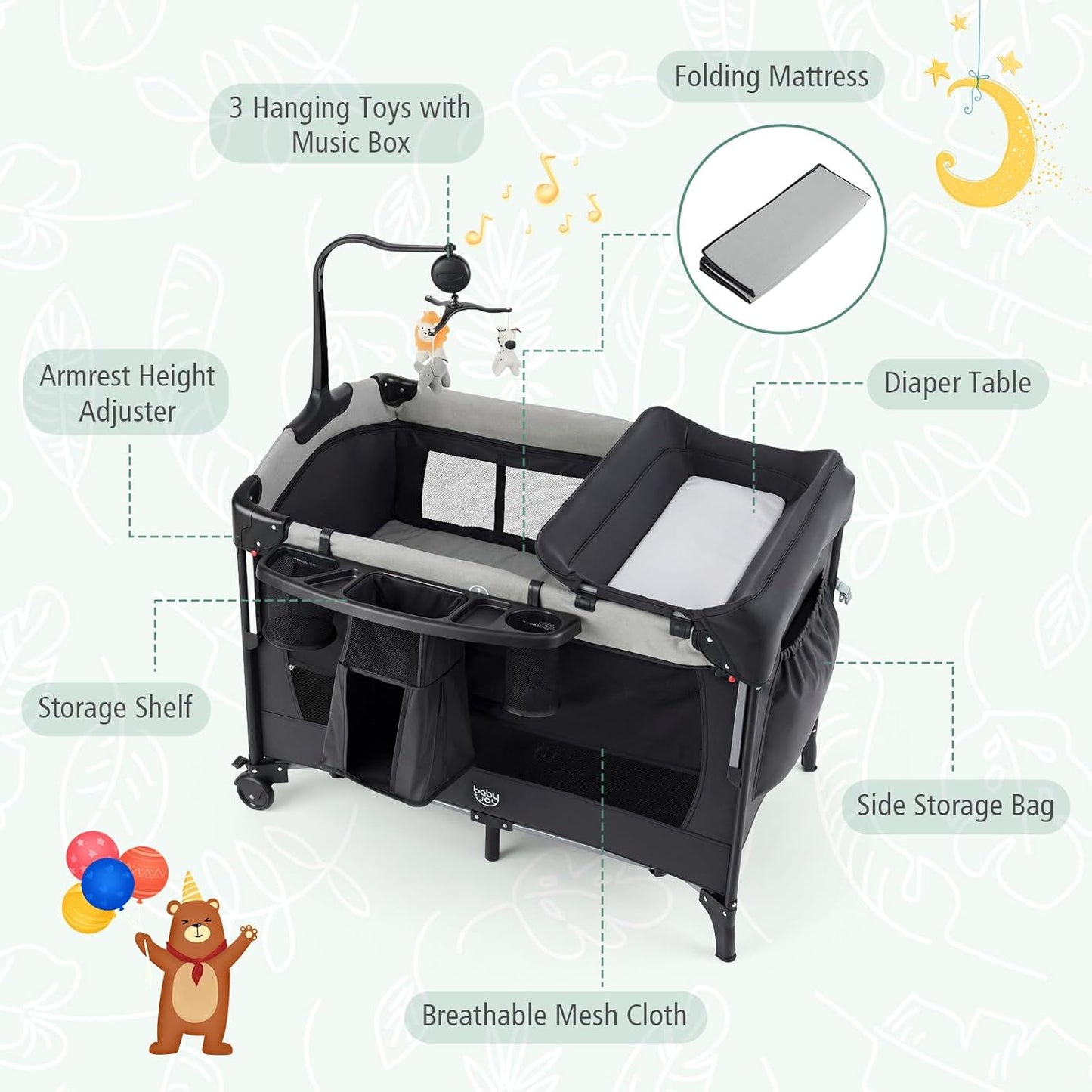 BABY JOY 5-in-1 Pack and Play, Baby Bedside Sleeper with Bassinet, Portable Baby Playard with U-Shaped Diaper Changer, Safety Strap, Multifunction Baby Bassinet Bedside Crib from Newborn to Toddlers