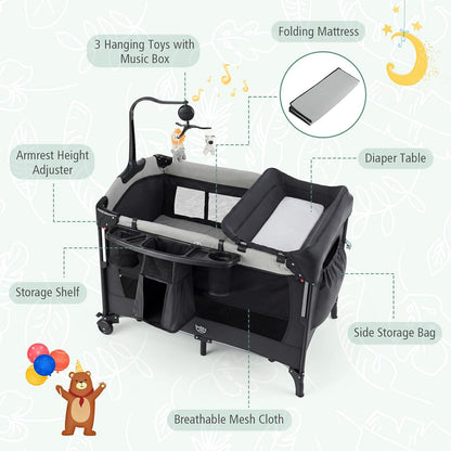 BABY JOY 5-in-1 Pack and Play, Baby Bedside Sleeper with Bassinet, Portable Baby Playard with U-Shaped Diaper Changer, Safety Strap, Multifunction Baby Bassinet Bedside Crib from Newborn to Toddlers