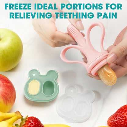 JEXFUN Baby Fruit Feeder & Breastmilk Popsicle Mold Set, Silicone Food Feeder Pacifier for Cooling Relief with 3 Replaceable Pouches, BPA-Free Teething Toy for Safe Infant Self Feeding (Pea Green)