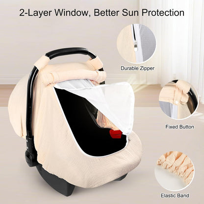 Hooyax Muslin Car Seat Cover Baby, Summer Car Seat Covers for Babies, Infants, and Newborns, Ultra Soft Breathable Universal Fit Stroller Carseat Canopy Covers for Boys Girls (Heart)