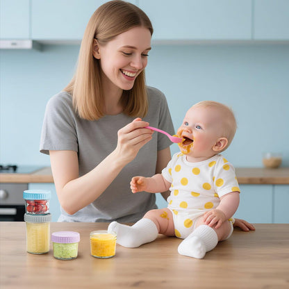 DRKIO 12 Pack Glass Baby Food Storage Containers - 4 Oz Baby Food Jars with Lids Baby Food Maker Microwave Dishwasher Freezer Safe 100% Leak Proof BPA Free Reusable