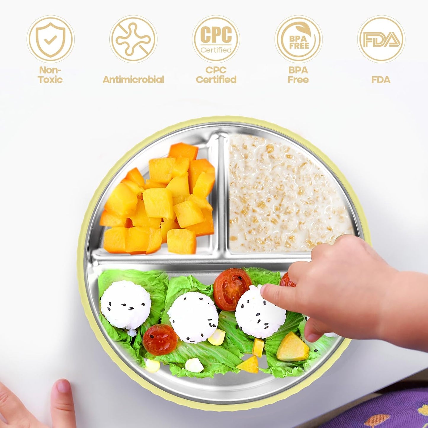 Stainless Steel Kids Plates with Suction, 2Pack 9" Divided Toddler Plates Removable Non Slip Silicone Sleeves Baby Feeding Led Weaning Supplies, BPA Free, Unbreakable Dishwasher Safe