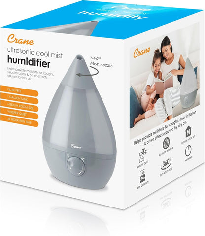 Crane Ultrasonic Cool Mist Humidifier for Bedroom, Baby Nursery, Kids Room, Plants, or Office, Large 1 Gallon Tank, Filter Optional, Clear and White