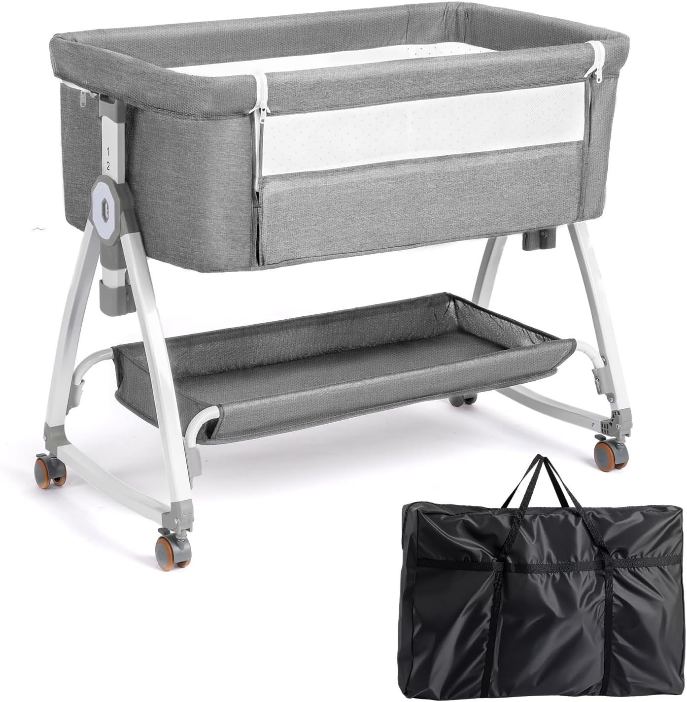 JOYMOR 3 in 1 Baby Bassinet, Bedside Bassinet for Baby, with Comfy Mattress and Wheels, 6 Height Adjustable Easy Folding Portable Bedside Crib for Newborn (Black)