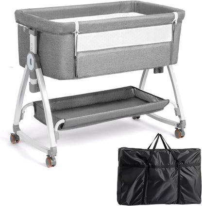JOYMOR 3 in 1 Baby Bassinet, Bedside Bassinet for Baby, with Comfy Mattress and Wheels, 6 Height Adjustable Easy Folding Portable Bedside Crib for Newborn (Black)