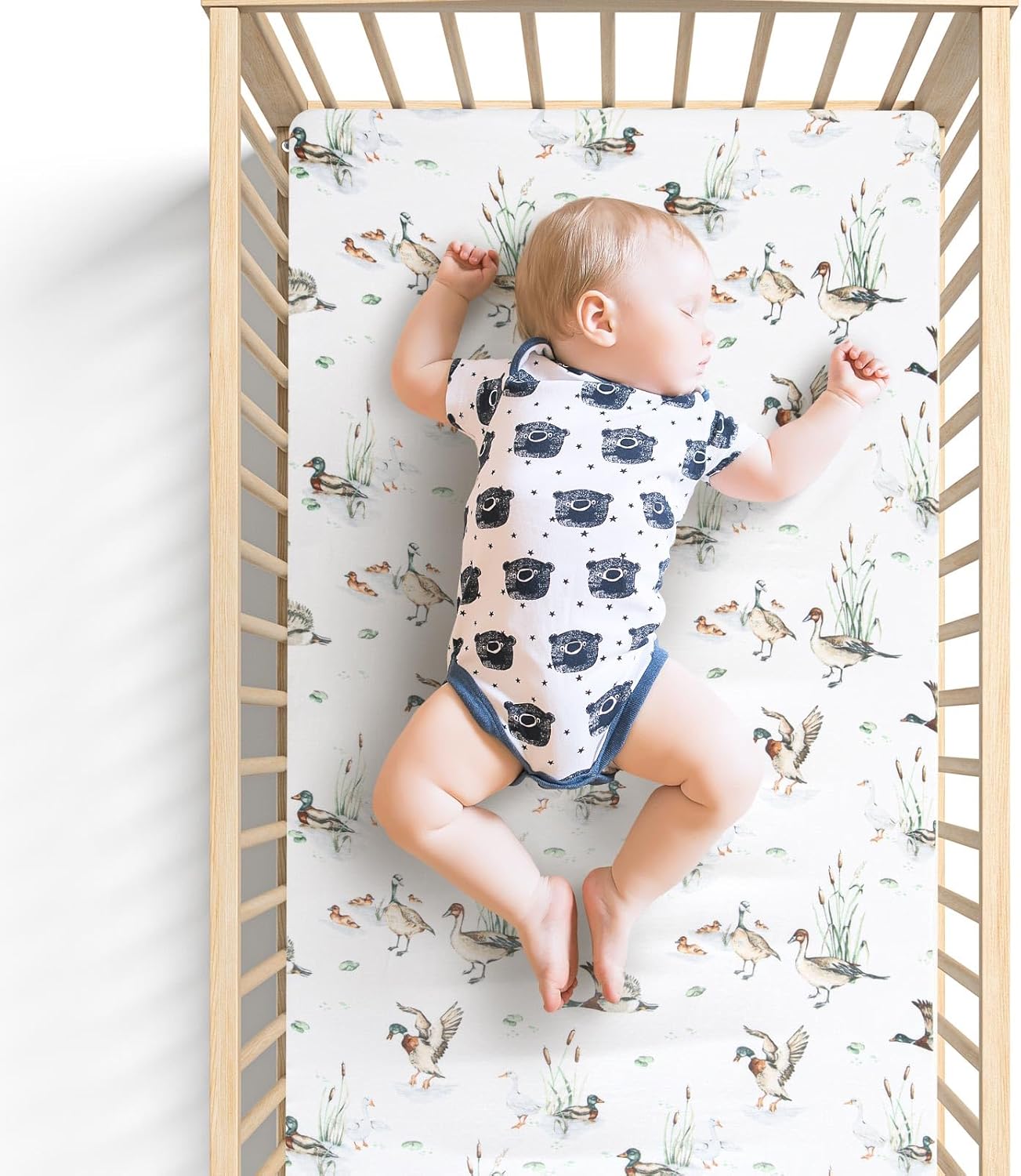 LifeTree Crib Sheets for Baby Unisex - Muslin Fitted Crib Sheets Toddler Bed Sheet, 70% Viscose from Bamboo and 30% Cotton, Fits Mini Crib & Pack and Play Playard, Bear, 26in x 38in