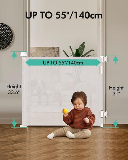 2PCS Retractable Baby Gates, Mesh Dog Gate for Doorways, 33.6" Tall, Expands to 55" Wide,Pet Safety Essential Fit for Baseboards, Wide Toddlers Gates for Hallways, Indoor & Outdoor,White