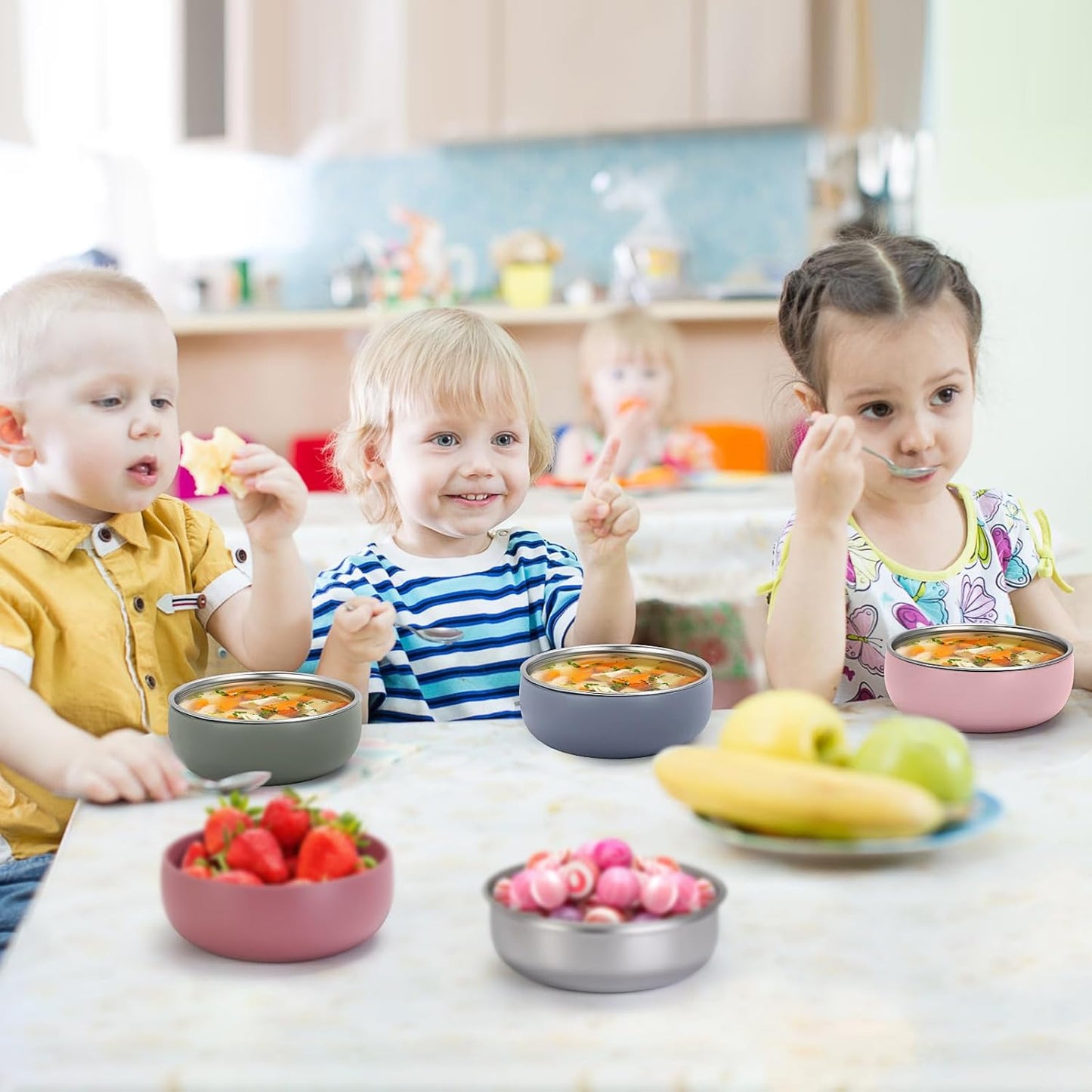 ShineMe Stainless Steel Bowls, 6 pack Snack Containers with Removable Colorful Silicone Sleeves, Unbreakable Kids Bowls for Icecream, Soup, Cereal, Yogurt...