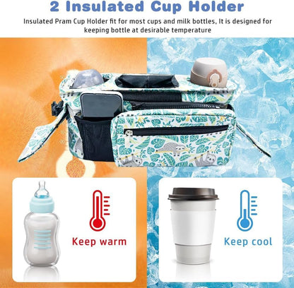 Baby Stroller Organizer, Universal Stroller Organizer with Detachable Phone Bag, Stroller Caddy with 2 Insulated Cup Holders, Buggy Organizer Bag with 2 Hooks Fits Most Strollers (Balck)