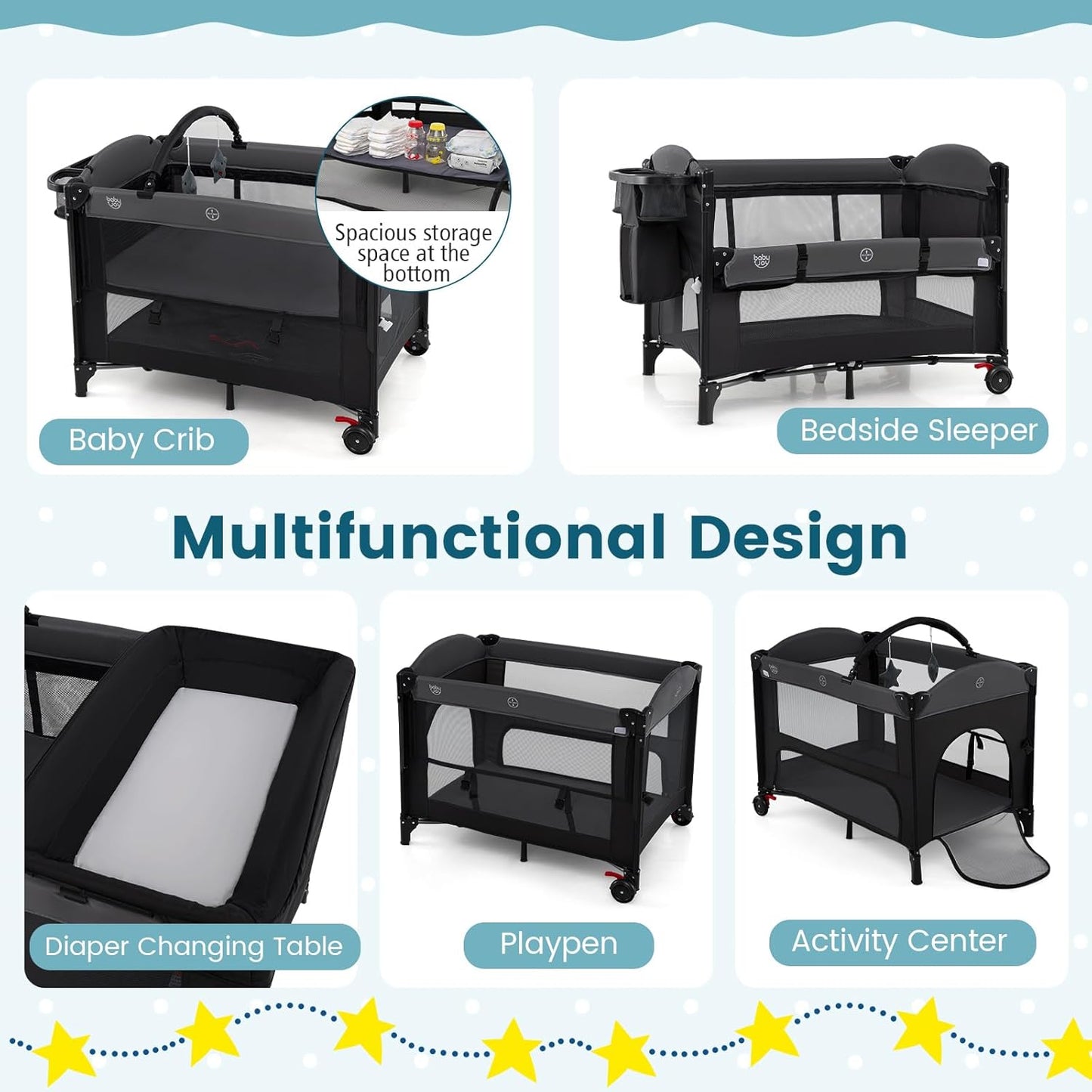 BABY JOY 5-in-1 Pack and Play with Canopy, 4 Level Heights Baby Bedside Sleeper w/Bassinet, U-Shaped Changing Table, Safety Strap, Side Zipper, Portable Bedside Crib Playard from Newborn to Toddlers