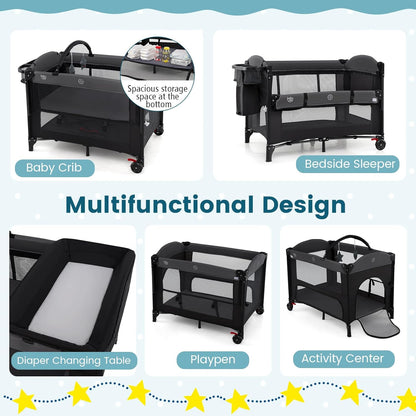 BABY JOY 5-in-1 Pack and Play with Canopy, 4 Level Heights Baby Bedside Sleeper w/Bassinet, U-Shaped Changing Table, Safety Strap, Side Zipper, Portable Bedside Crib Playard from Newborn to Toddlers