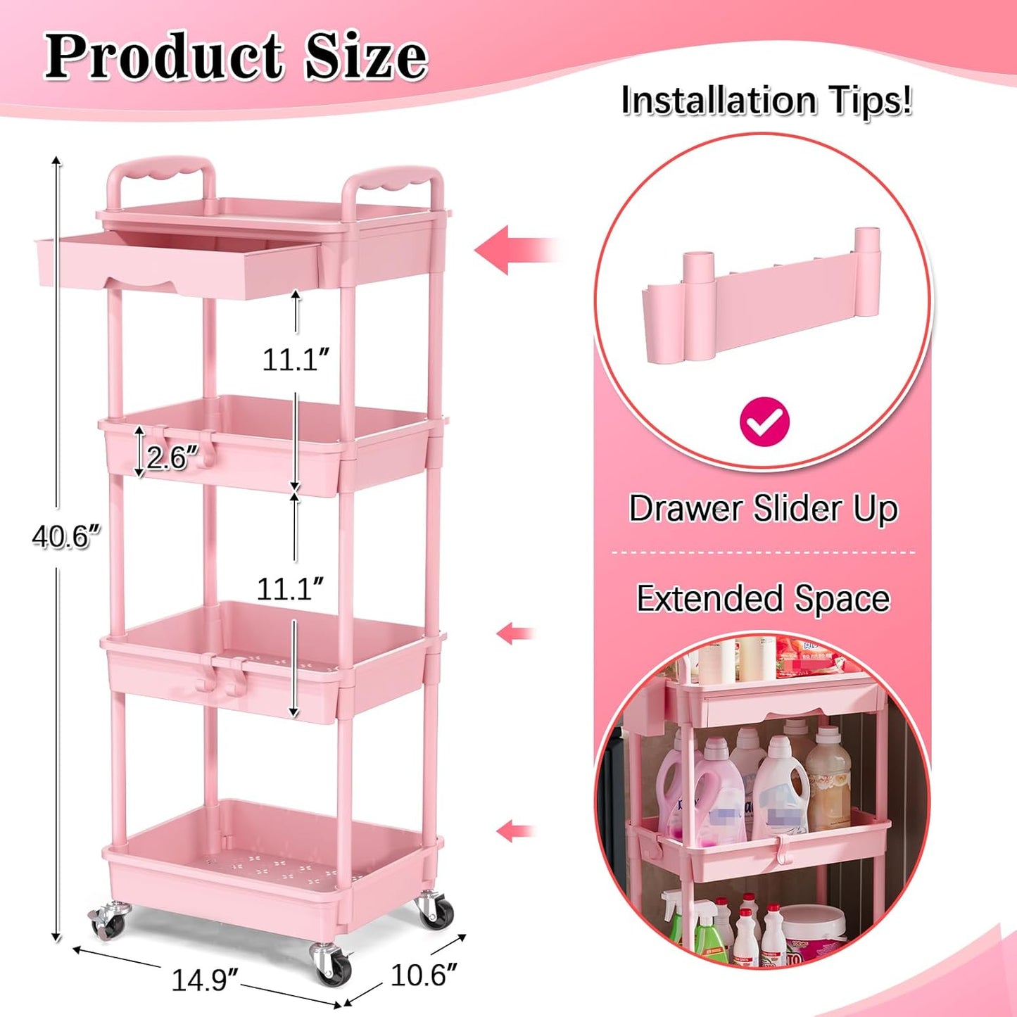 SUNALLY 3 Tier Rolling Cart with Drawer, Bathroom Storage Organizer with 2 Lockable Wheels, Multifunctional Rolling Storage Cart for Bathroom, Kitchen, Office, Craft, Makeup, Baby Essentials, White