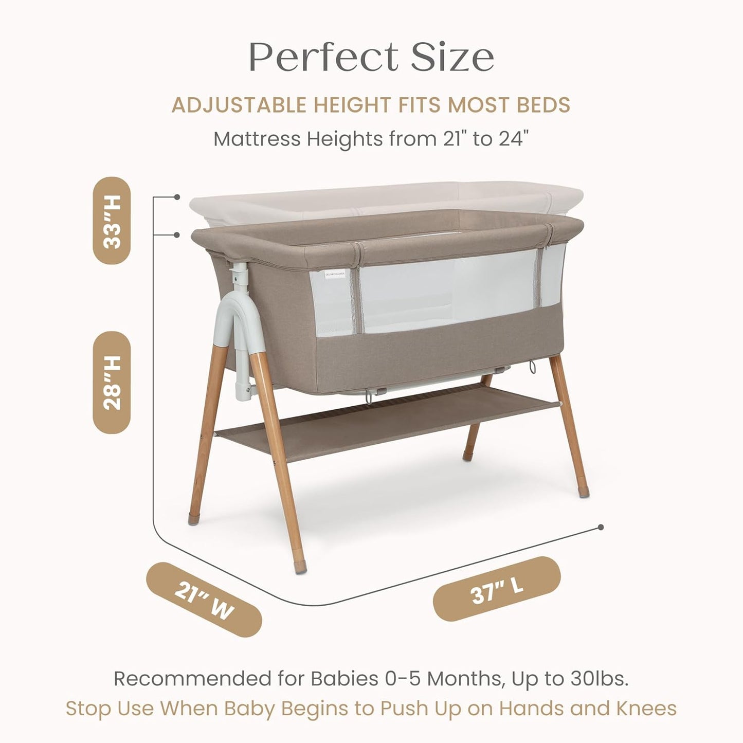 Delta Children Bondi Adjustable Height Bedside Beechwood Bassinet with PureAir Mesh Sheet and FSC-Certified Wood, Tan