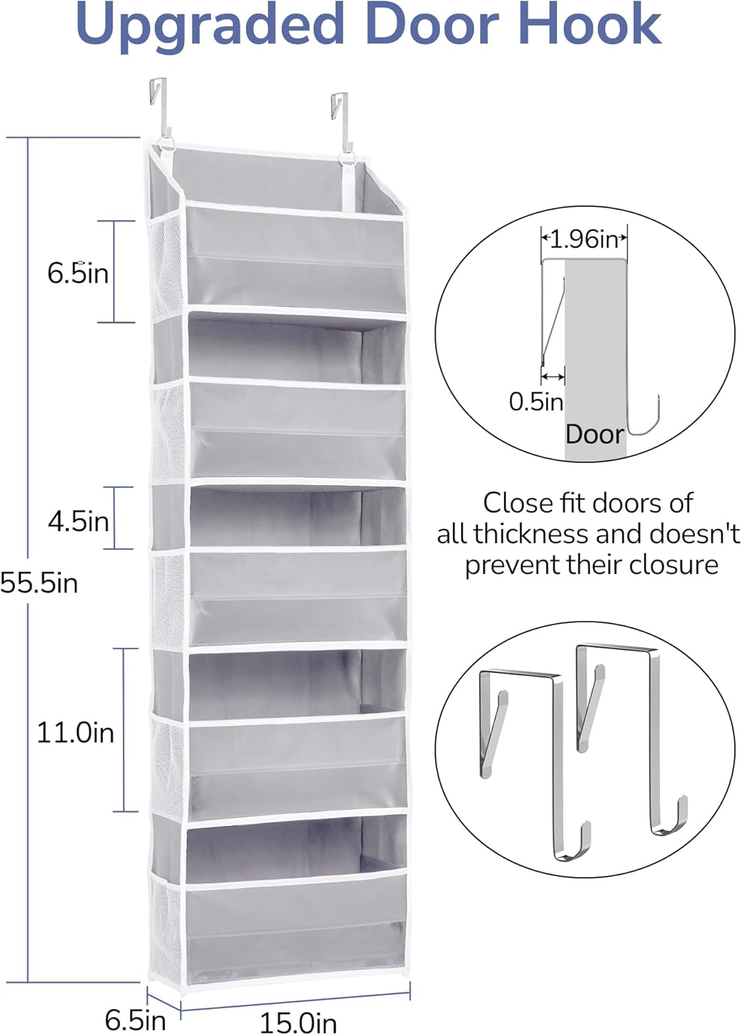 ULG 1 Pack Over Door Organizer with 5 Large and 10 Mesh Side Pockets, 44 lbs Weight Capacity Hanging Storage with Clear Window Kids Toys, Shoes, Diapers, Dark Grey, 5 Layers