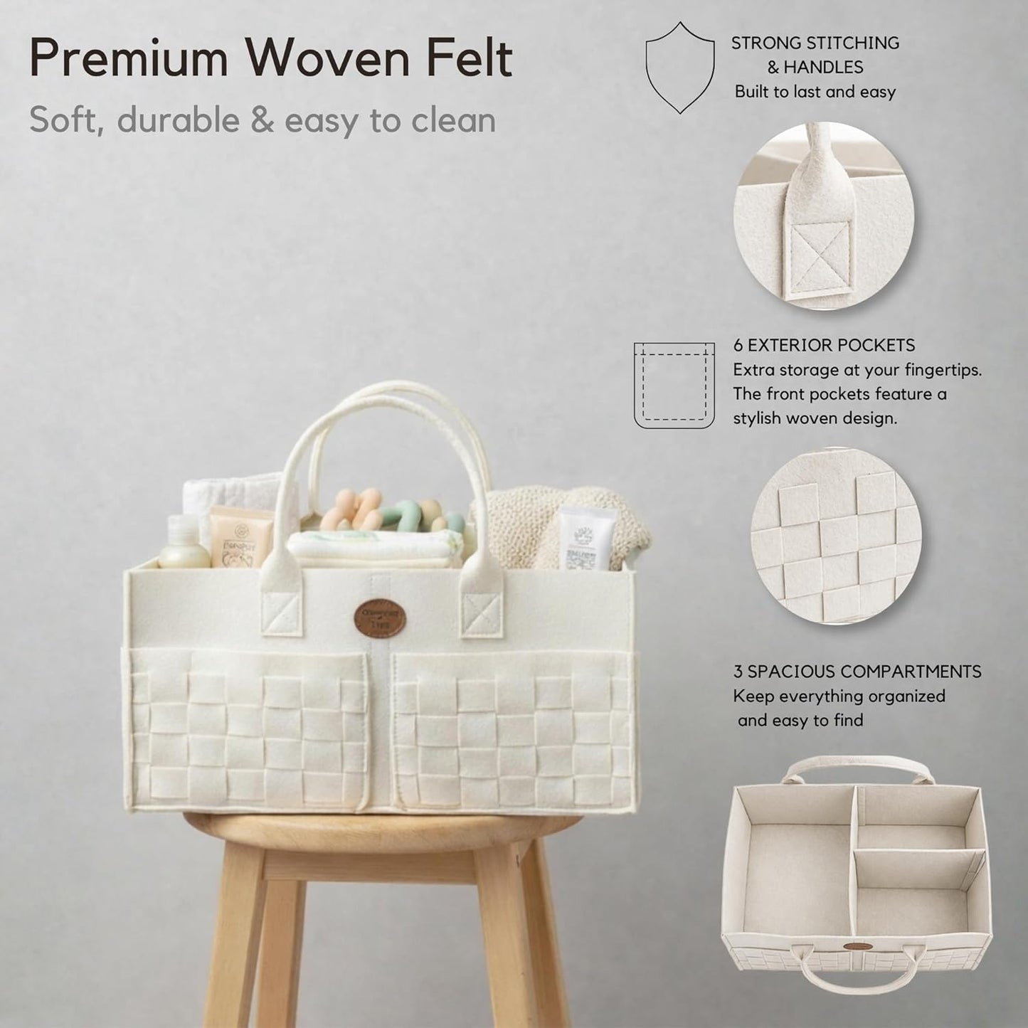 Baby Diaper Caddy Organizer for Nursery – Large Felt Storage Basket for Baby Essentials, Wipes & Diapers – Portable Nursery Organizer Bin for Changing Table or Living Room Light Grey