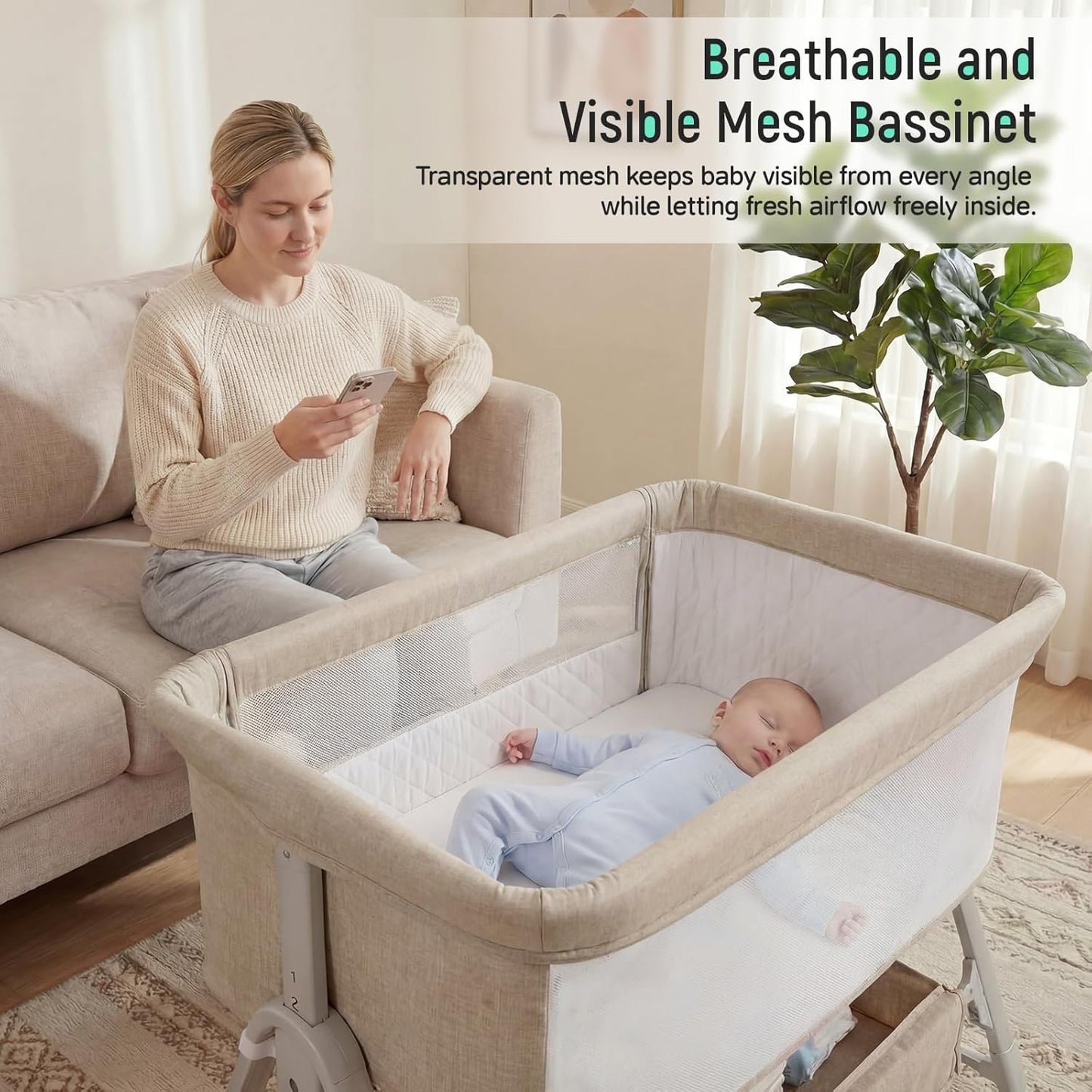 Cowiewie Bassinet Bedside Sleeper,3-in-1 Baby Bassinet with Mattress & Wheels,Easy Folding Portable Bedside Bassinet for Baby with Storage & Travel Bag,Breathable Mesh,Stable & Secure,Beige