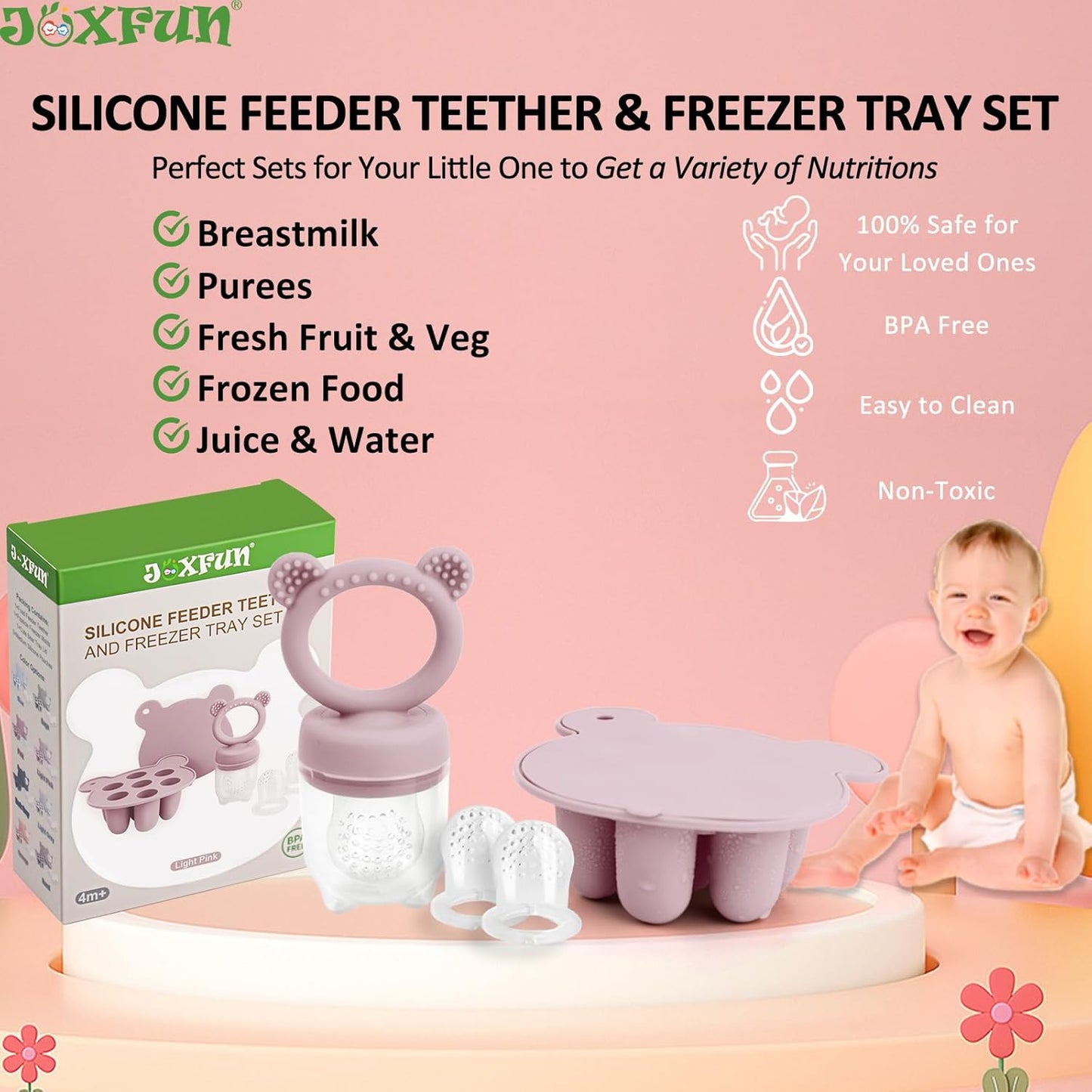 Silicone Baby Fruit Food Feeder & Mini Freezer Nibble Tray, Breastmilk Popsicle Molds for Baby Teething Relief, BPA Free Silicone Teething Toys Feeder for Safe Infant Self Feeding, Extra Food Pouches