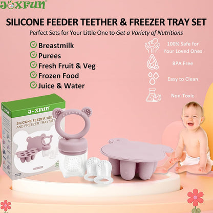 Silicone Baby Fruit Food Feeder & Mini Freezer Nibble Tray, Breastmilk Popsicle Molds for Baby Teething Relief, BPA Free Silicone Teething Toys Feeder for Safe Infant Self Feeding, Extra Food Pouches