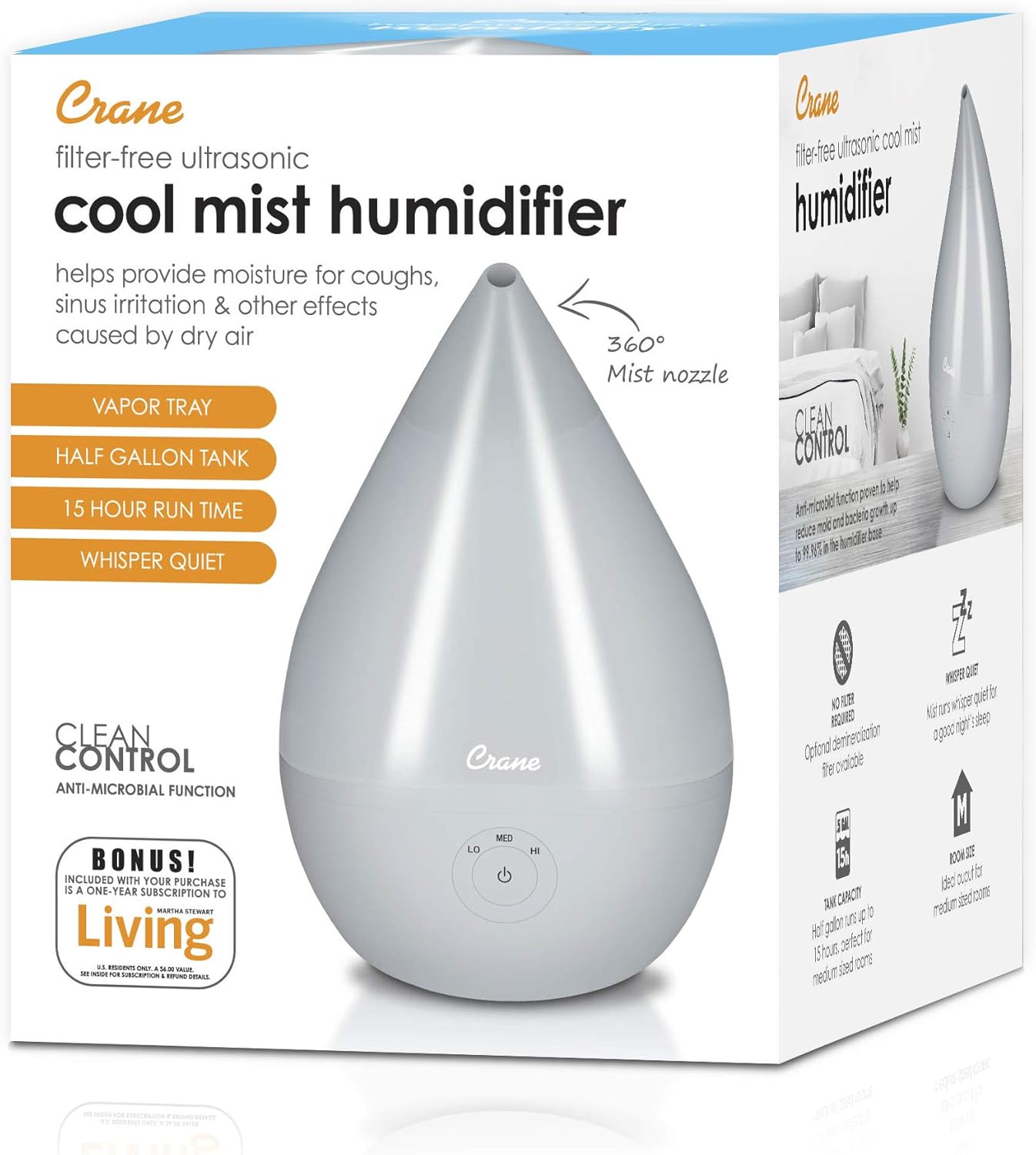 Crane Droplet Ultrasonic Small Air Humidifiers for Bedroom and Office, 0.5 Gallon Cool Mist Humidifier for Plants and Home, Humidifier Filters Optional, White