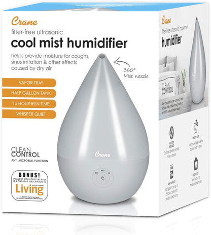 Crane Droplet Ultrasonic Small Air Humidifiers for Bedroom and Office, 0.5 Gallon Cool Mist Humidifier for Plants and Home, Humidifier Filters Optional, White