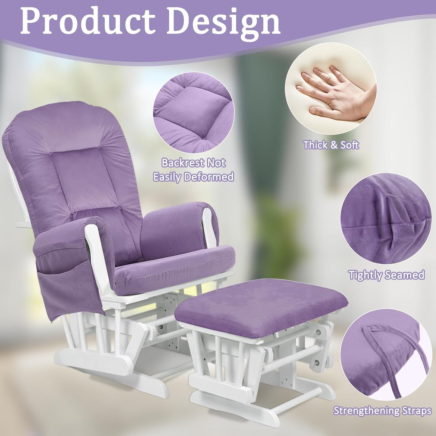 BECHAEO 5PCS Suede Glider Rocker Replacement Cushions with Ottoman Cover Thicken Soft Rocking Chair Cushion Set for Indoor Nursery Glider Rocking Chair, Blue