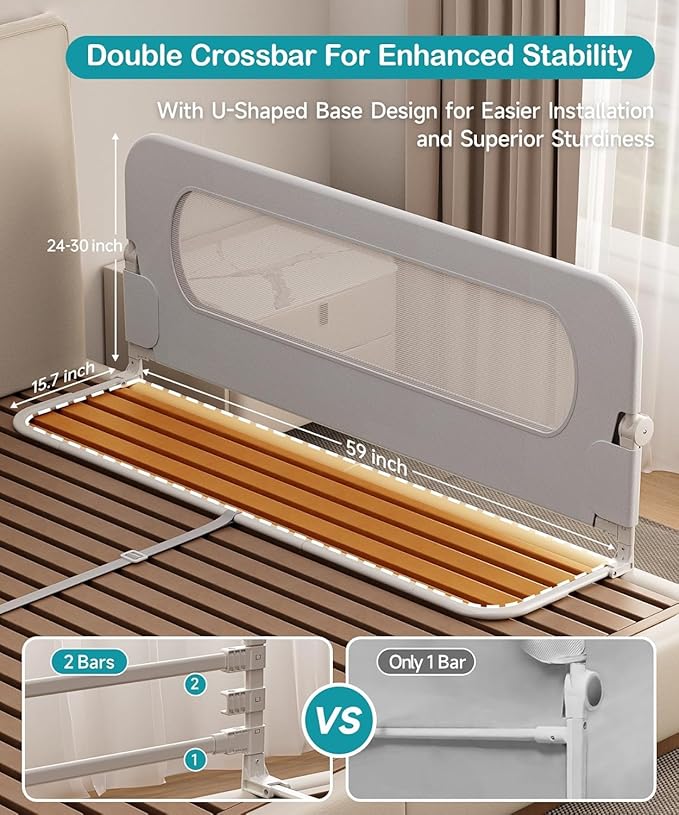 Bed Rail for Toddlers, Baby Bed Rail Guard with U-Shape Base, Height Adjustable & Foldable Toddler Bed Rails for Full Size, Queen, King, Twin (Grey, 59in)