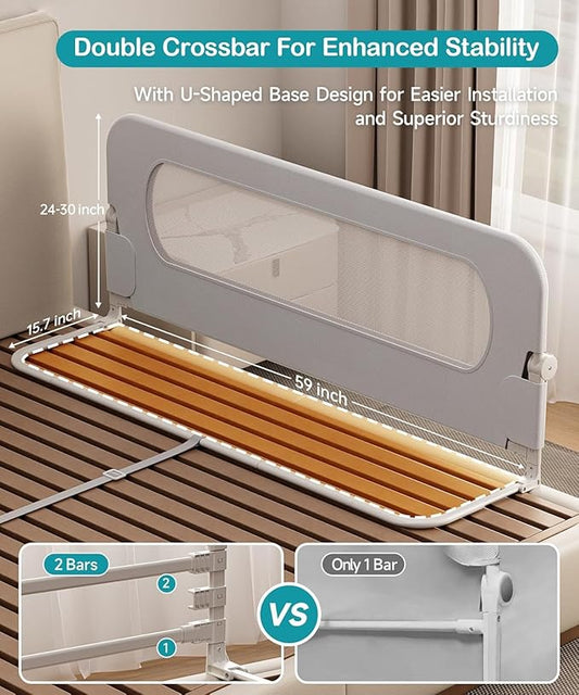 Bed Rail for Toddlers, Baby Bed Rail Guard with U-Shape Base, Height Adjustable & Foldable Toddler Bed Rails for Full Size, Queen, King, Twin (Grey, 59in)
