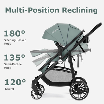 INFANS 2 in 1 Baby Stroller, High Landscape Infant Stroller & Reversible Bassinet Pram, Foldable Pushchair with Adjustable Canopy, Storage Basket, Cup Holder, Suspension Wheels (Black)