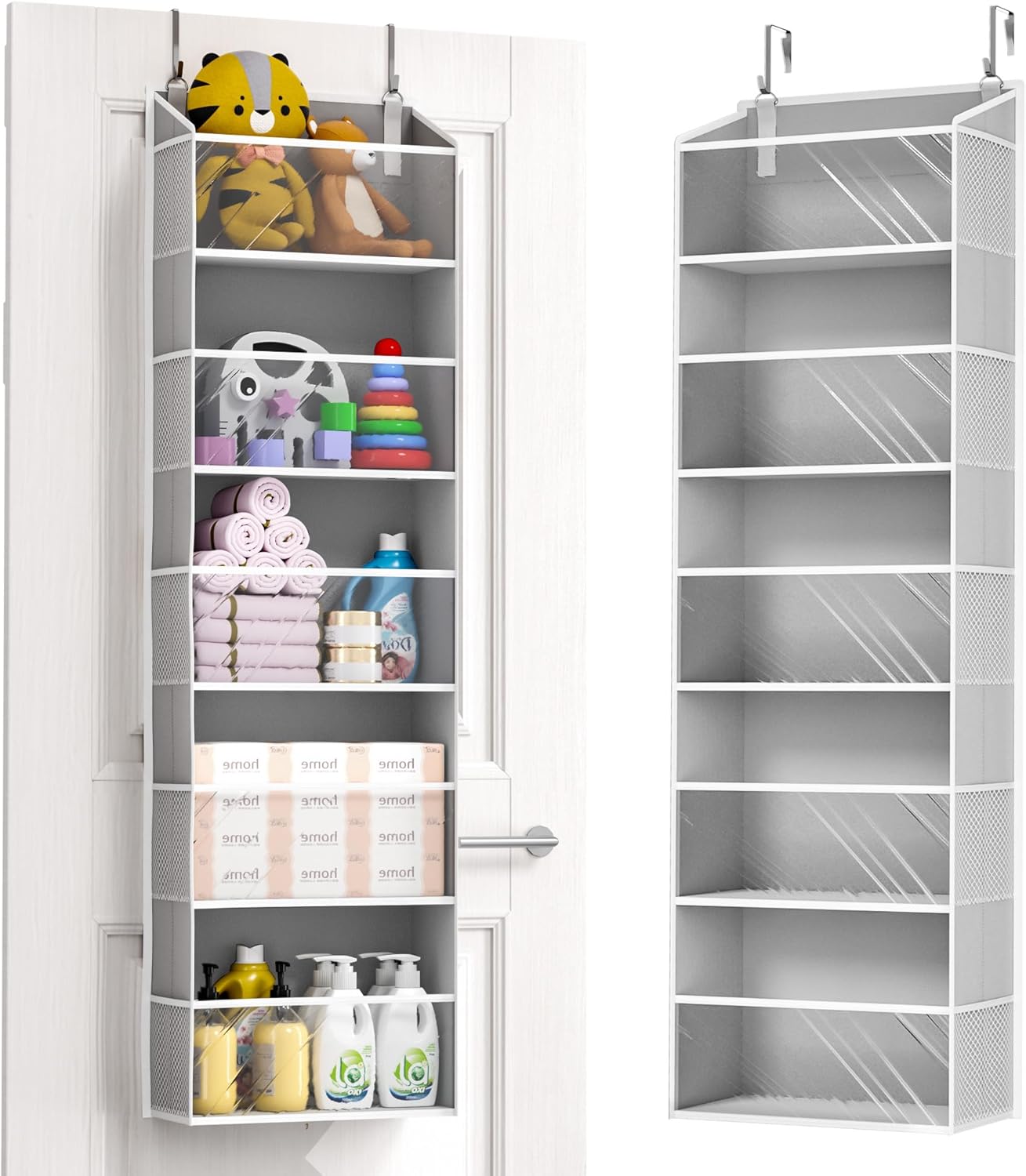 ULG 1 Pack Over Door Organizer with 5 Large and 10 Mesh Side Pockets, 44 lbs Weight Capacity Hanging Storage with Clear Window Kids Toys, Shoes, Diapers, Dark Grey, 5 Layers