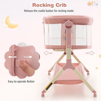 BABY JOY Bassinet Bedside Sleeper, Easy Folding Baby Crib w/All-Side Mesh, Storage Shelf, 7 Adjustable Heights, Mattress & Travel Bag for Safe Co-Sleeping, Portable Baby Bed for Newborn Infant -Gray